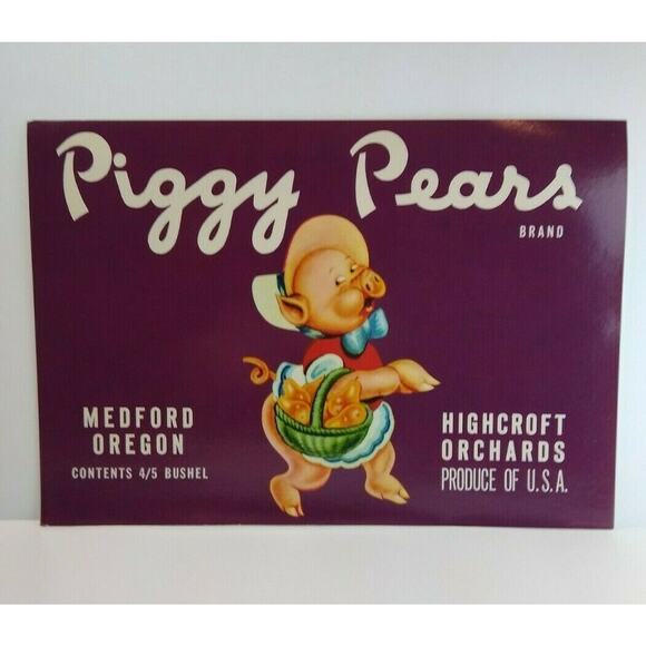 Piggy Pears Humanized Dressed Pig Fruit Crate Label Vintage Original 1940's - Picture 4 of 4